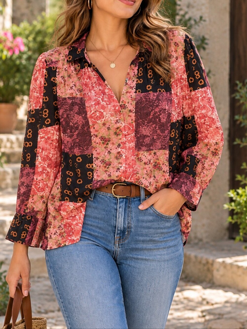 Anthropologie Porridge Floral Patchwork Oversized Blouse Shirt Boho Pink Black